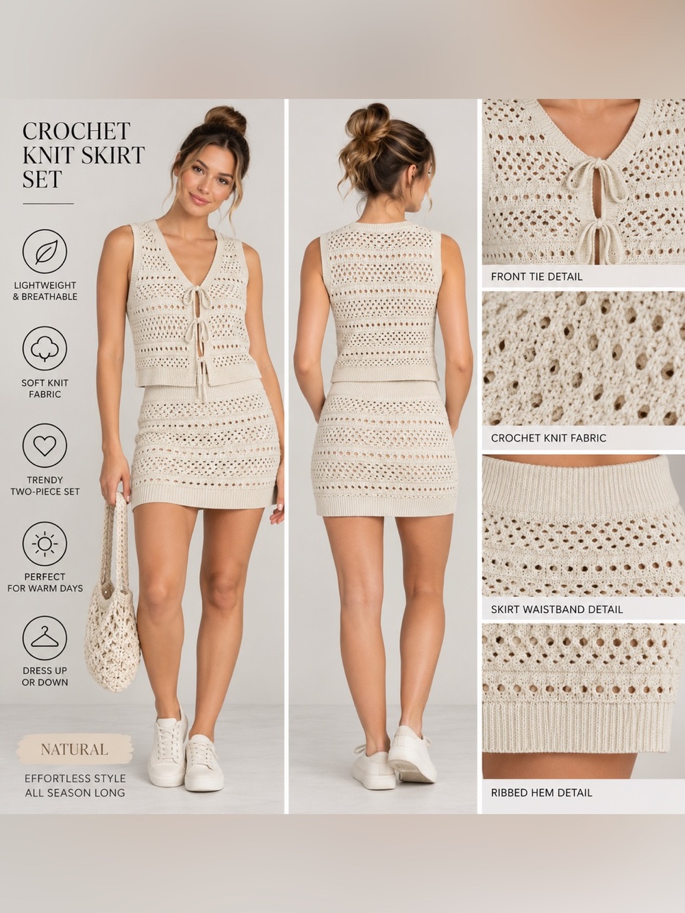 Mango Crochet Tie-Front Tank & Mini Skirt Set - Natural Cream